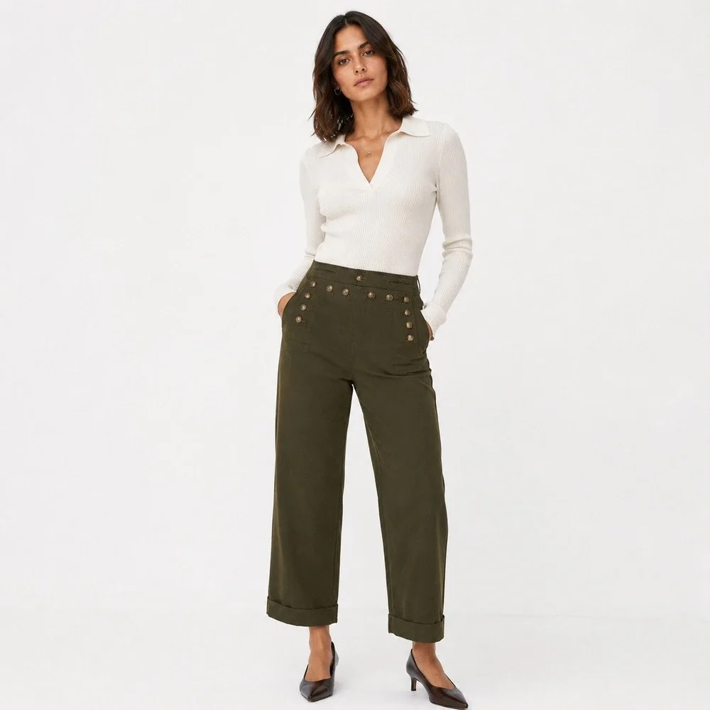 Tory Burch Moleskin Sailor Pants Size 12 Wide-Leg Army Green Quiet Luxury Boho